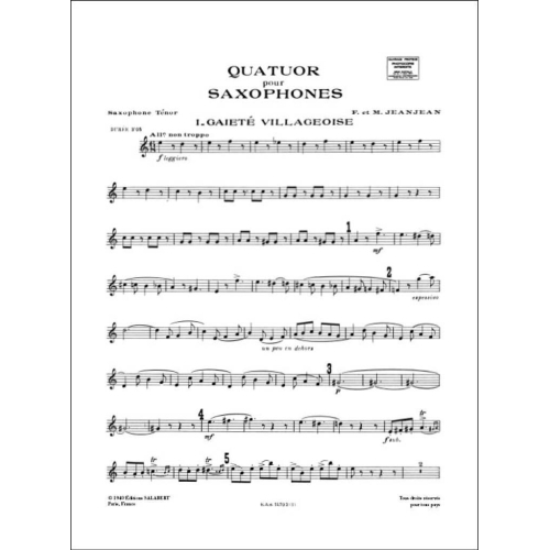 Jeanjean, F. - Quatuor Pour Saxophones Partition Et Parties