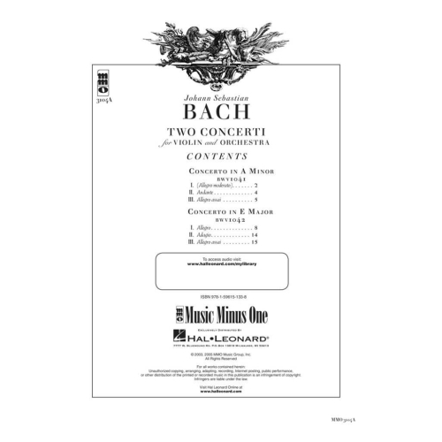 Bach, J.S - Violin Concerto No. 1 in A minor, Violin Concerto No. 2 in E major - Music Minus One