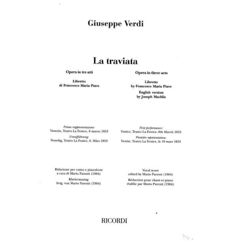 Verdi, Giuseppe - La Traviata - Opera Vocal Score