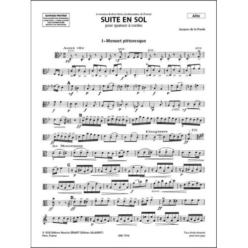 Presle, Jacques - Suite En Sol 2 Violons Alto Et Vlc Materiel