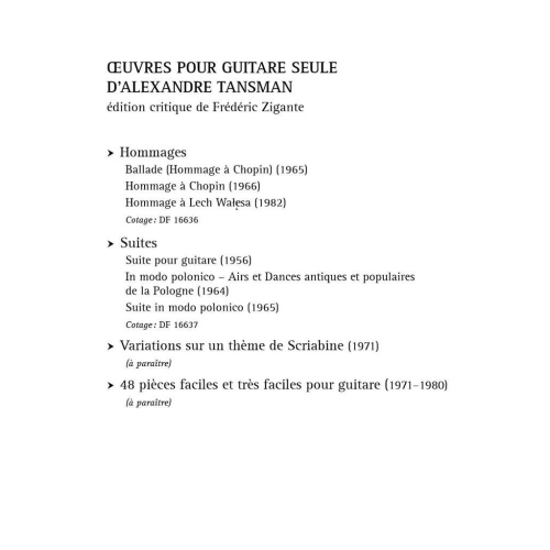 Tansman, Alexandre - Œuvres pour guitare - Suites