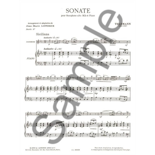 Telemann, Georg Philipp - Sonate pour Saxophone Alto Mib et Piano