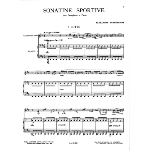 Tcherepnin, Alexander - Sonatine Sportive For Alto Saxophone And Piano