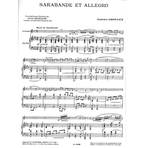 Grovlez, Gabriel - Sarabande et Allegro pour clarinette et piano