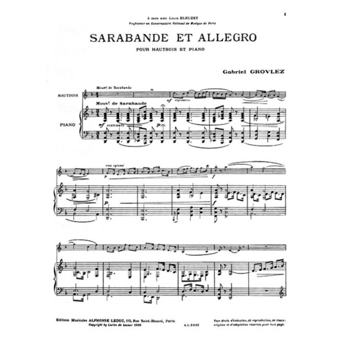 Grovlez, Gabriel - Sarabande et Allegro pour Hautbois et Piano