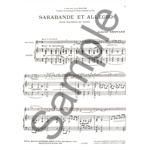 Grovlez, Gabriel - Sarabande et Allegro pour Hautbois et Piano