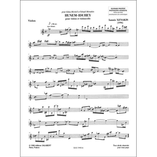 Xenakis, Iannis - Hunem Iduhey Violon Et Violoncelle