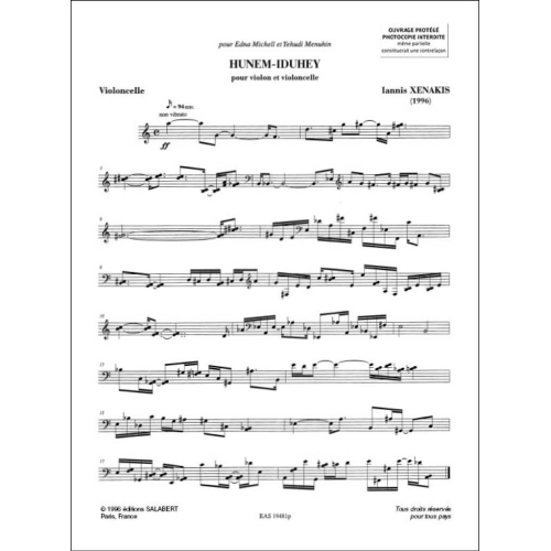 Xenakis, Iannis - Hunem Iduhey Violon Et Violoncelle