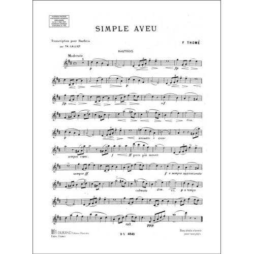 Thomé, Francis - Simple Aveu Htb-Piano