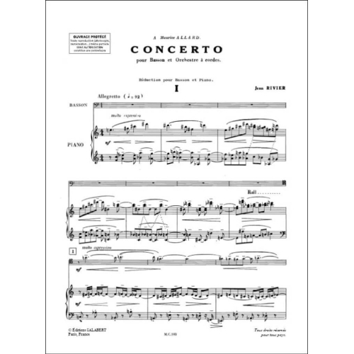 Rivier, Jean - Concerto Basson-Piano Reduction