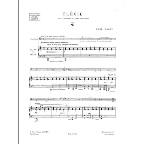 René Rabey - Elegie, Pour Violoncelle Et Piano (Ou Orgue)