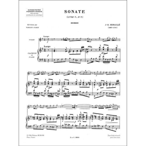 Jean-Baptiste Senaillé - Sonate N 7 Livre V En Mi M Violon-Piano (D'Indy)