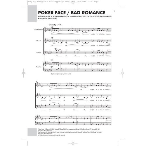 Lady Gaga: Poker Face / Bad Romance (SAB/Piano)
