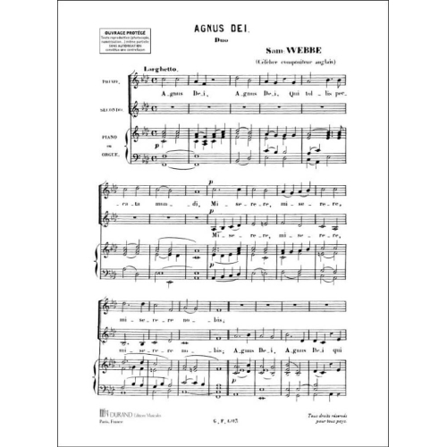 Samuel Webbe - Agnus Dei Duo Cht-Piano