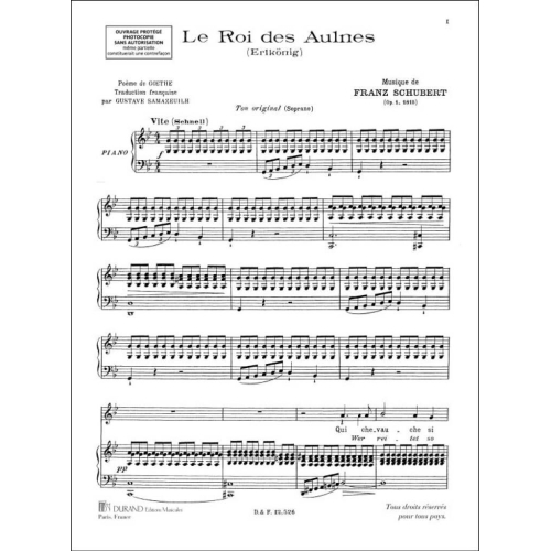 Franz Schubert - Le Roi Des Aulnes, Pour Voix Elevee Et Piano