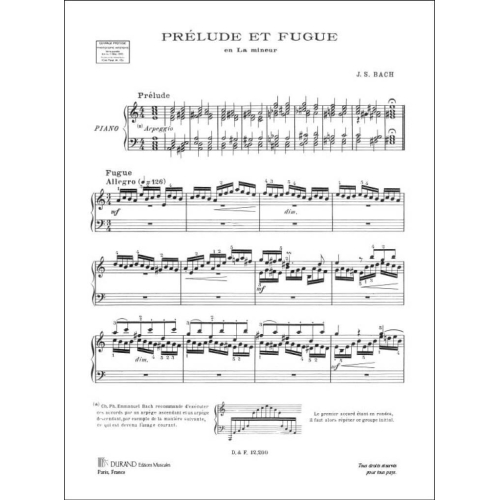 Johann Sebastian Bach - Prelude Et Fugue, En La Mineur,Bwv 944, Pour Piano