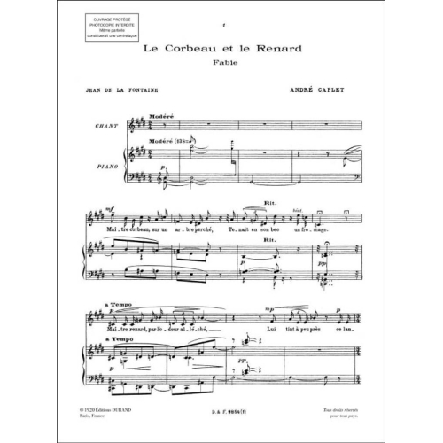 André Caplet - 3 Fables De Jean De La Fontaine Mezzo-Piano