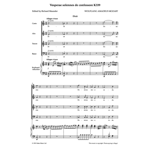 Mozart, W A - Vesperae solennes de Confessore K339(vocal score)