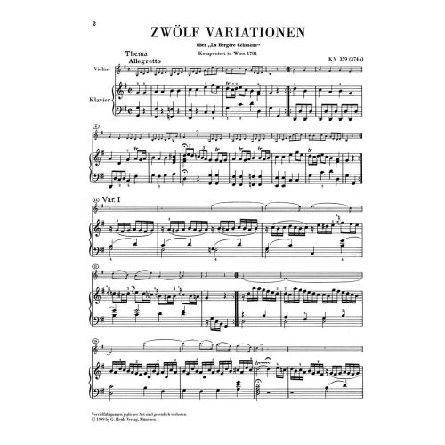 Mozart, Wolfgang Amadeus - Variations for Piano and Violin 