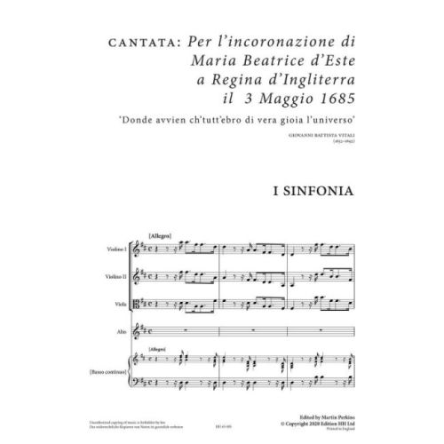 Vitali, Giovanni Battista - CANTATA: Per l’incoronazione di Maria Beatrice d’Este a Regina d’Ingliterra il 3 Maggio 1685