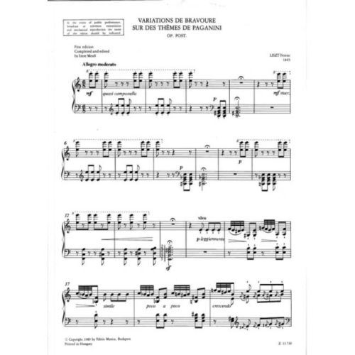 Liszt Ferenc - Variations De Bravoure - Sur des themes de Paganini