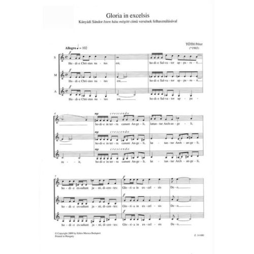 Tóth Péter - Gloria In Excelsis For Female Choir - Kányádi Sándor Isten háta mögött cím_ versének felhasználásával