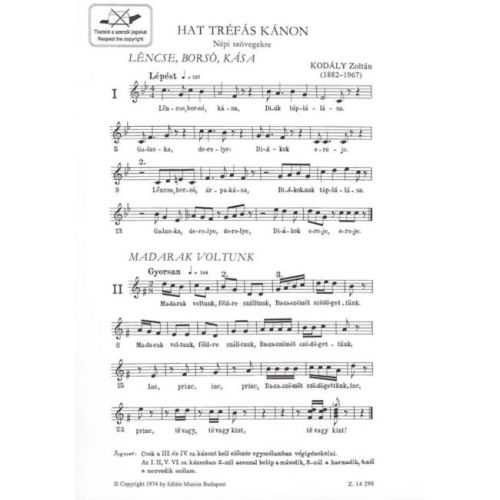 Kodály, Zoltán - Hat trefas kanon