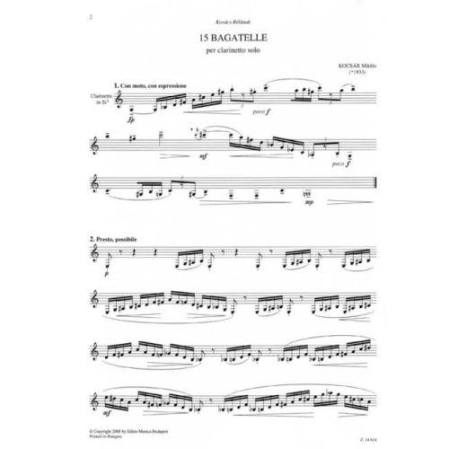 Kocsár, Miklós - 15 Bagatelle per clarinetto solo