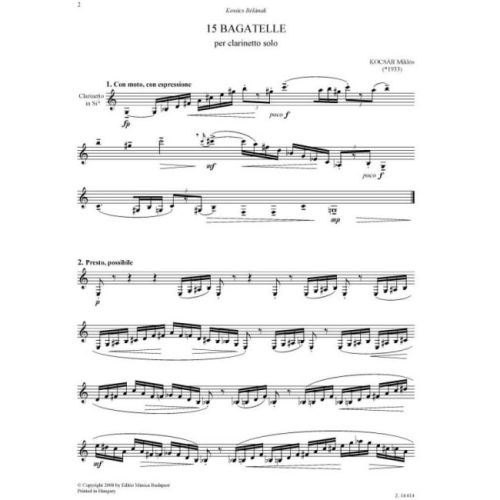 Kocsár, Miklós - 15 Bagatelle per clarinetto solo