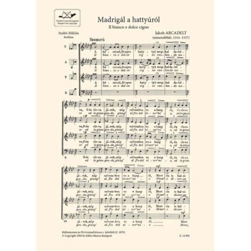 Arcadelt, Jacob - Madrigal a hattyurol