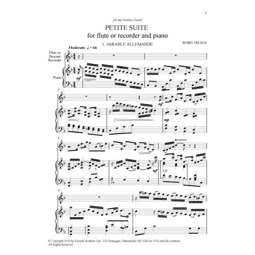 Petite Suite for Recorder or Flute and Piano - Robin Nelson