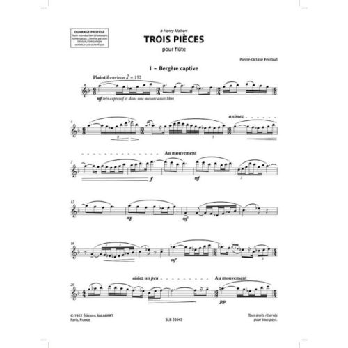 Ferroud, Pierre-Octave - Trois pièces pour flûte