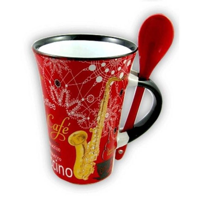Cappuccino Mug With Spoon - Saxophone (Red)